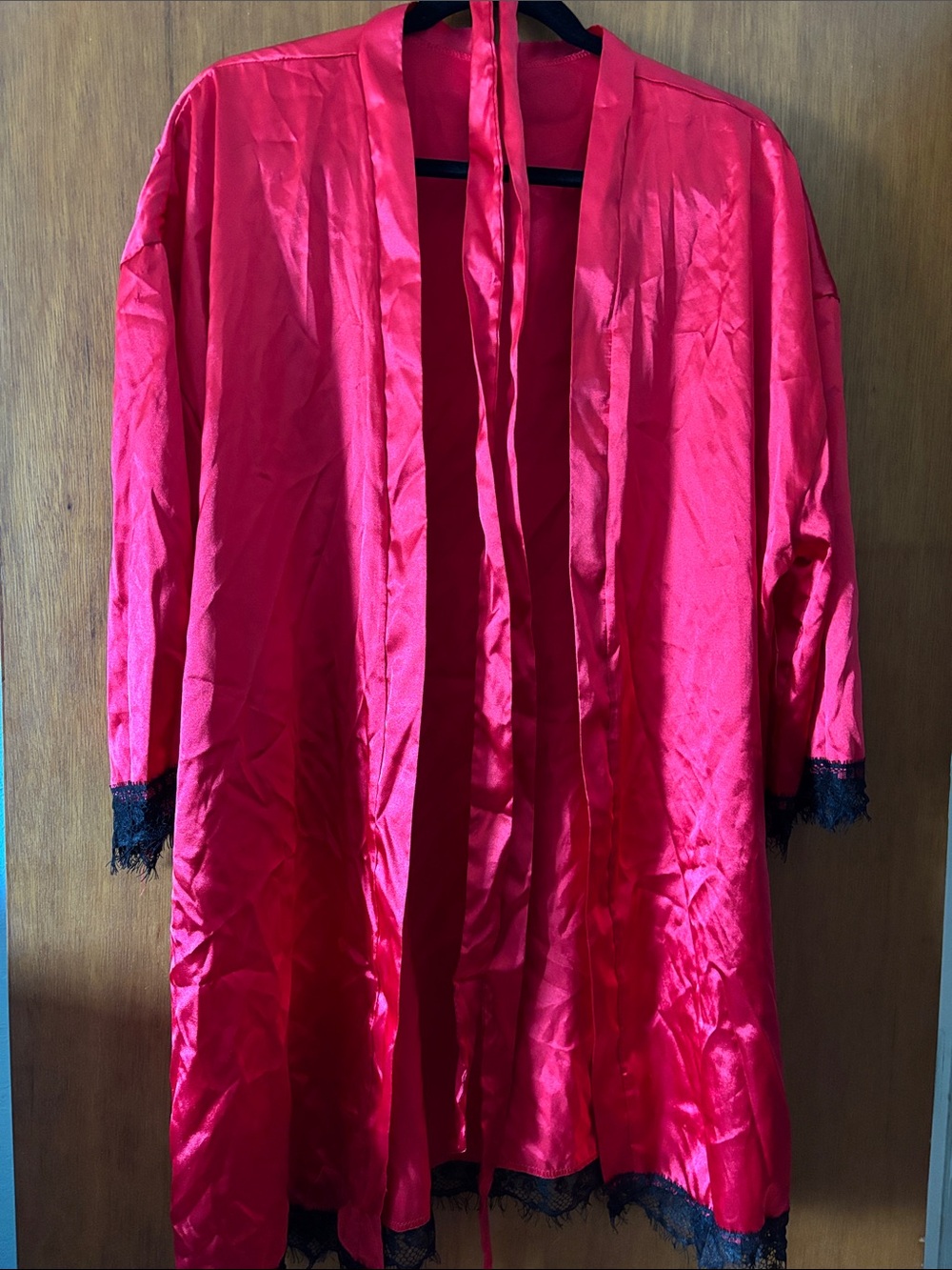 Fashion Nova Red Satin Robe with Black Lace Trim